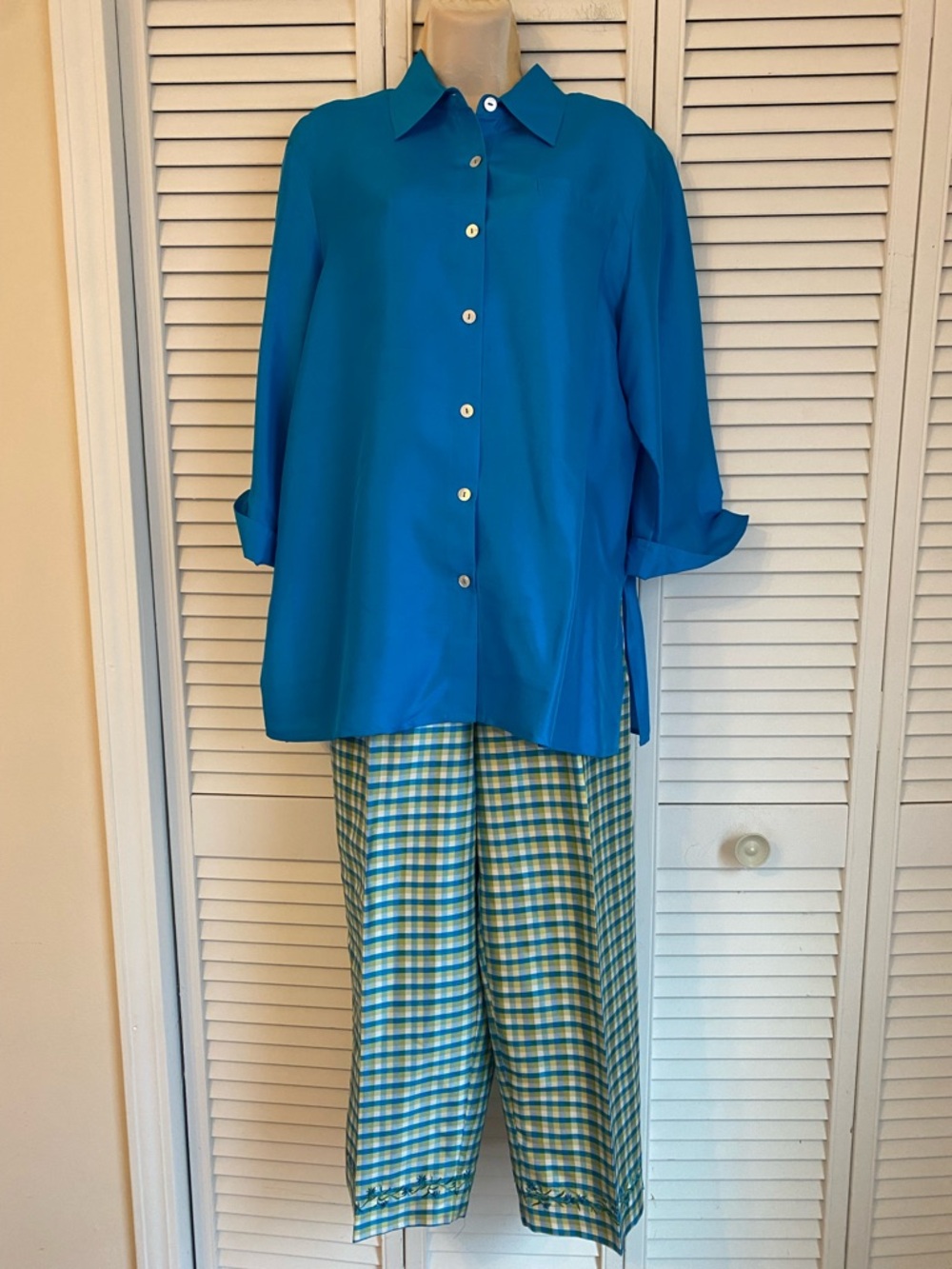 VTG Robbie Bee Silk Button Down Shirt Gingham Pants Set Size 16 Garden Tea Party